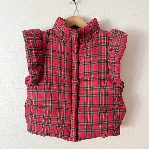 Mainstrip Jackets & Blazers - Plaid Red Puffer Vest with Ruffle Shoulders